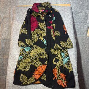 Colorful Floral Patterned Wool Blend Coat By IVKO Size Small Made In Serbia Blac